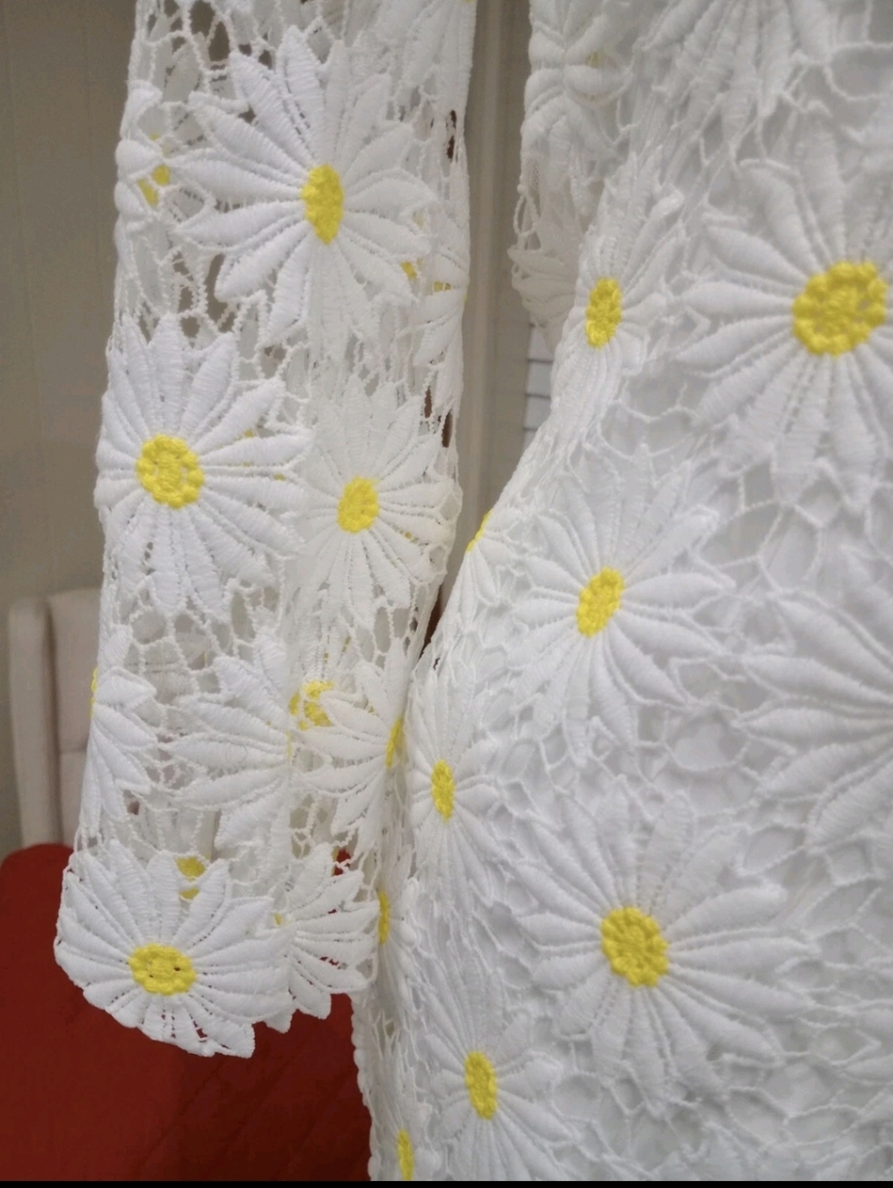 White Floral Lace Dress Yellow Daisy Embroidery V-Neck Shift Boho Cottagecore - Picture 4 of 8